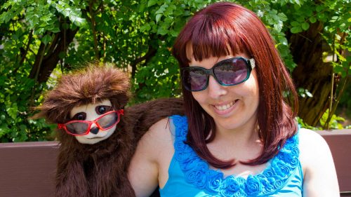 Stanley The Sloth Puppet And Professor Pincushion In Glasses